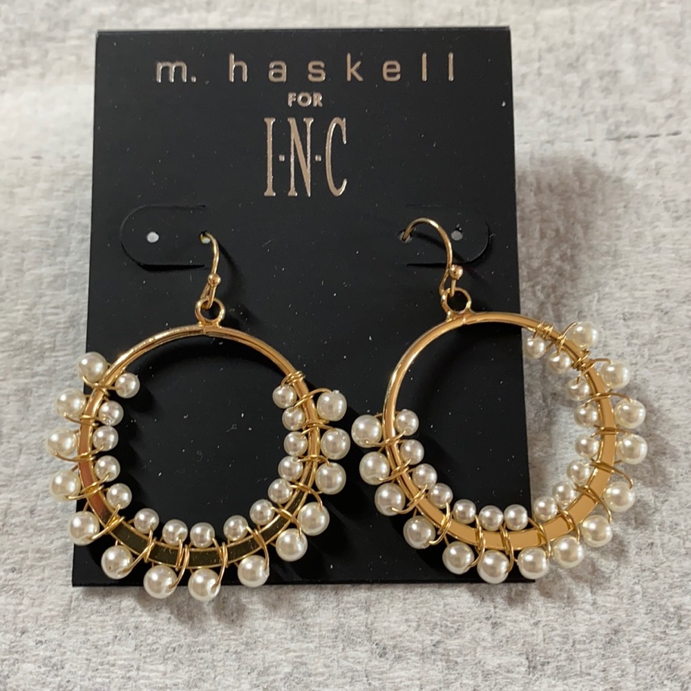 INC gold tone drop hoop earrings with pearls